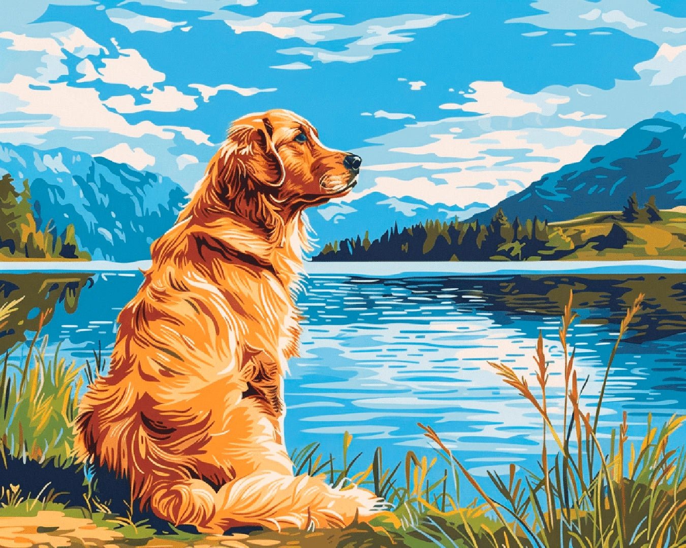 Paint by numbers canvas featuring a golden retriever overlooking a calm lake with mountains