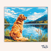 Golden Lake Watch paint by numbers kit artwork showing golden dog sitting beside a calm mountain lake landscape by Tinta Canvas