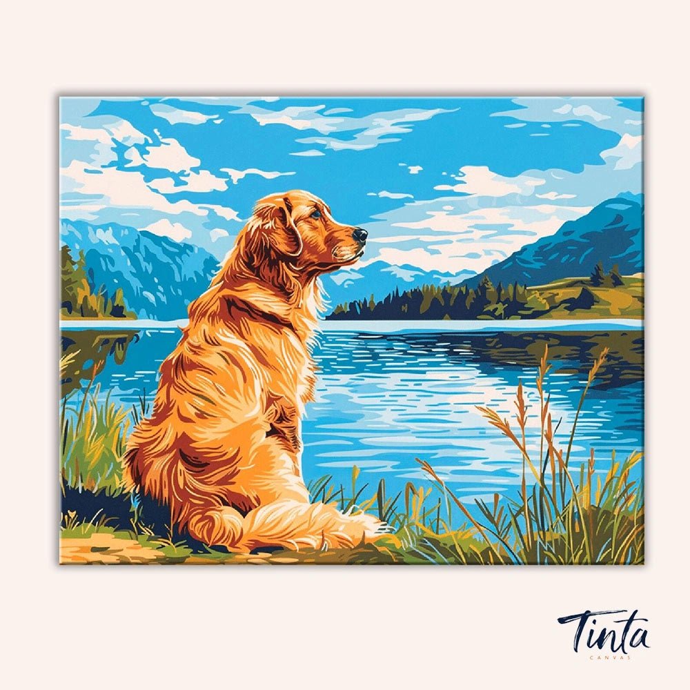 Golden Lake Watch paint by numbers kit artwork showing golden dog sitting beside a calm mountain lake landscape by Tinta Canvas