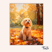 Full artwork of Golden Paws paint by numbers kit showing a happy puppy in a glowing fall forest by Tinta Canvas