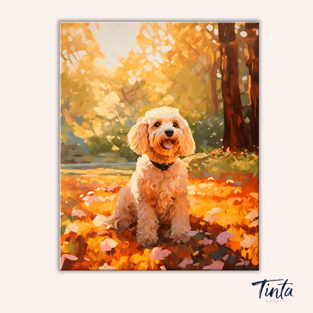 Full artwork of Golden Paws paint by numbers kit showing a happy puppy in a glowing fall forest by Tinta Canvas