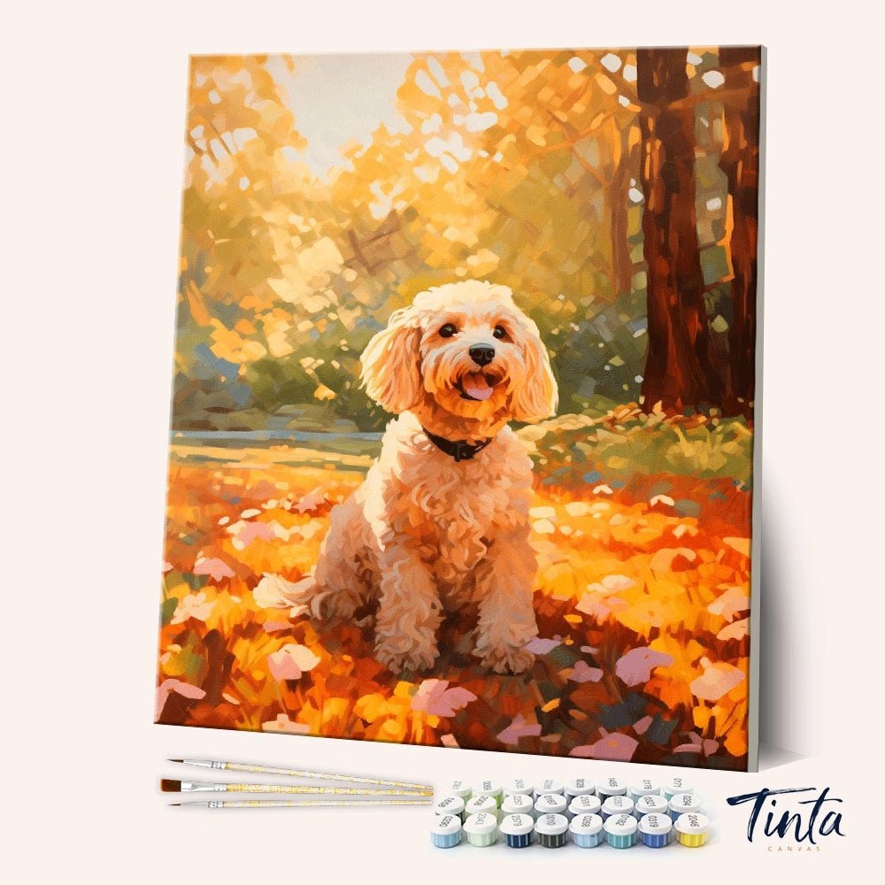 Angled canvas view of Golden Paws paint by numbers kit featuring a fluffy dog in autumn leaves by Tinta Canvas