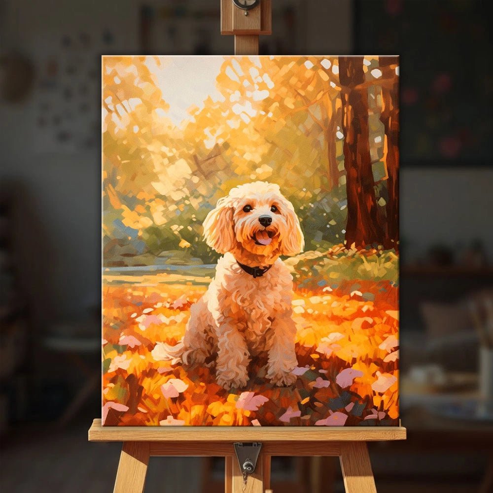 Golden Paws paint by numbers kit displayed on an easel in a cozy home setting with warm lighting by Tinta Canvas