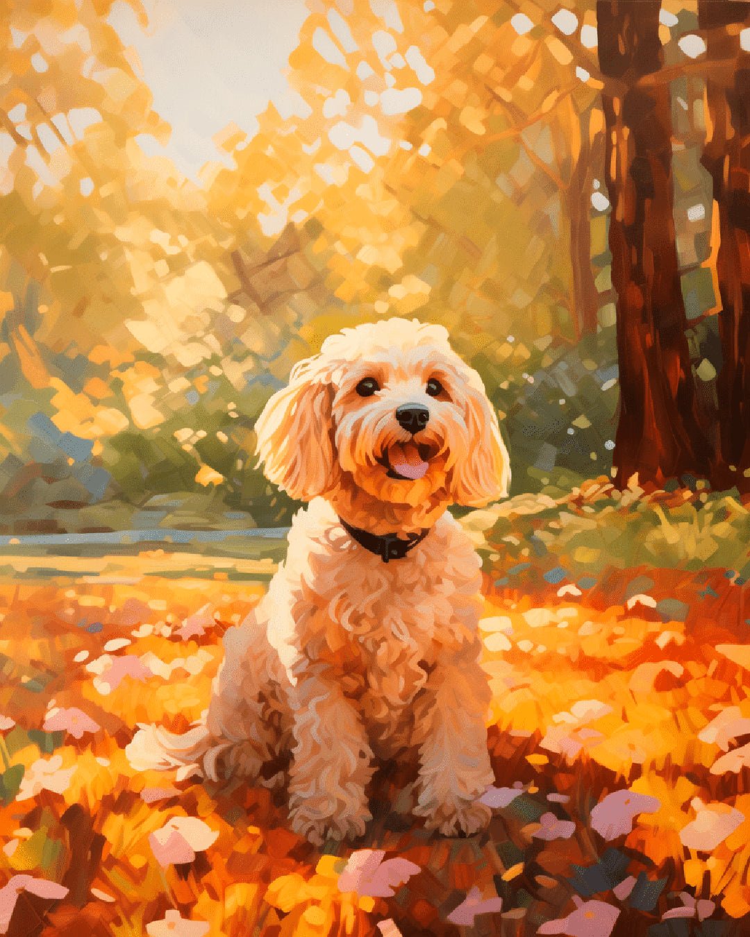 Golden Paws paint by numbers kit featuring a fluffy dog sitting among warm autumn leaves