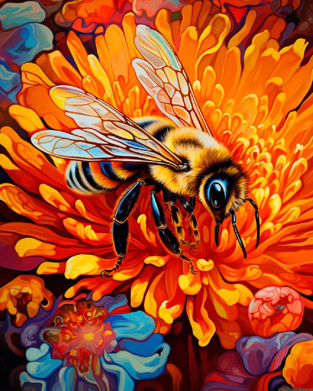 Flower paint by numbers kit canvas painting featuring a detailed bee in a vibrant floral scene