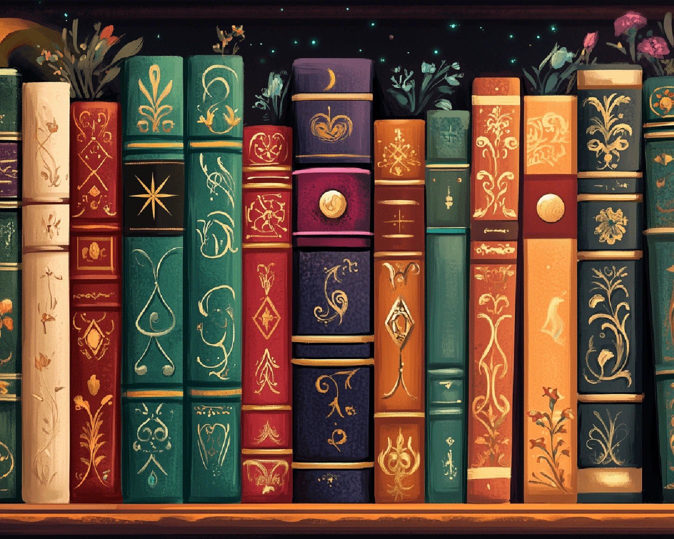 Paint by numbers canvas featuring a colorful row of ornate book spines