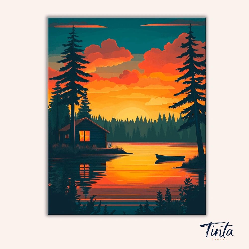Full artwork of Golden Stillwater paint by numbers kit featuring glowing sky and pine trees by Tinta Canvas