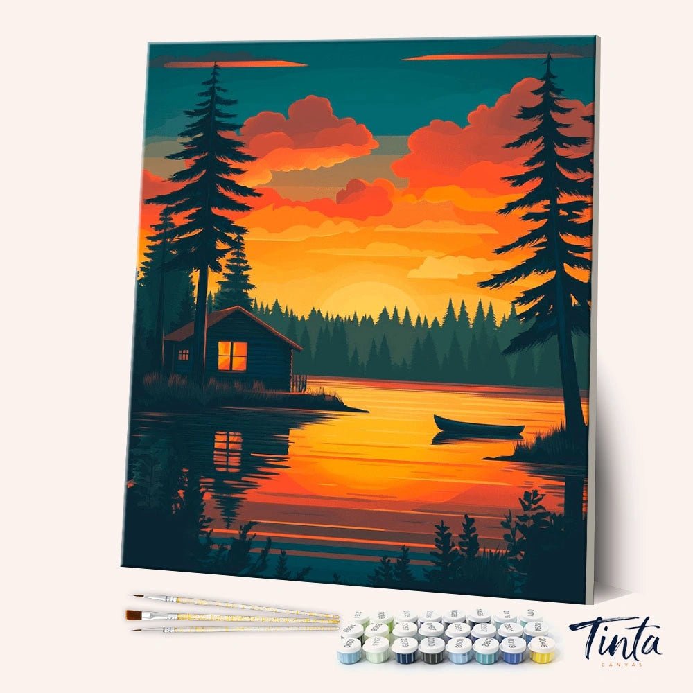 Angled canvas view of Golden Stillwater paint by numbers kit with sunset lake and cabin reflection by Tinta Canvas
