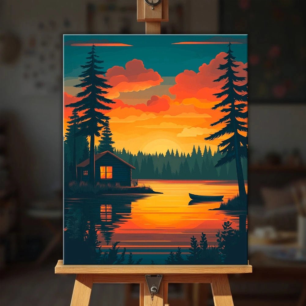 Golden Stillwater paint by numbers kit displayed on an easel in a warm home setting by Tinta Canvas