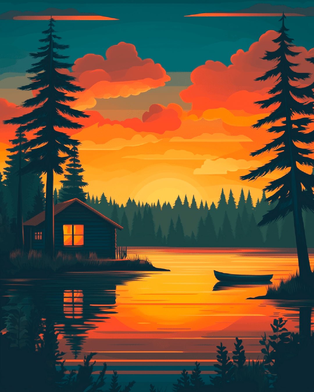 Golden Stillwater paint by numbers kit featuring a glowing sunset over a quiet lake with a cabin and canoe