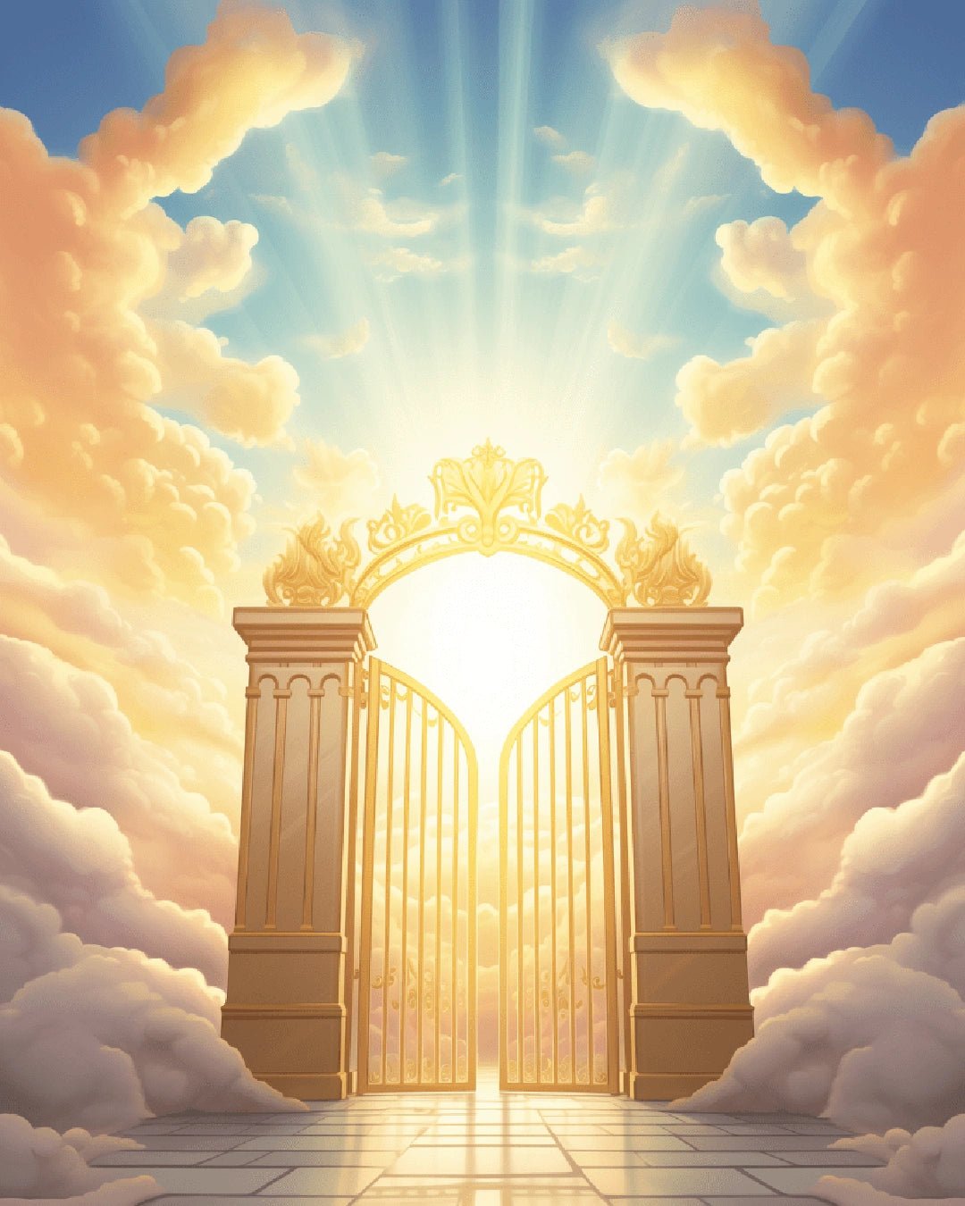 Paint by numbers kit canvas showing luminous golden gates, heavenly clouds, sun rays, and a peaceful sky backdrop