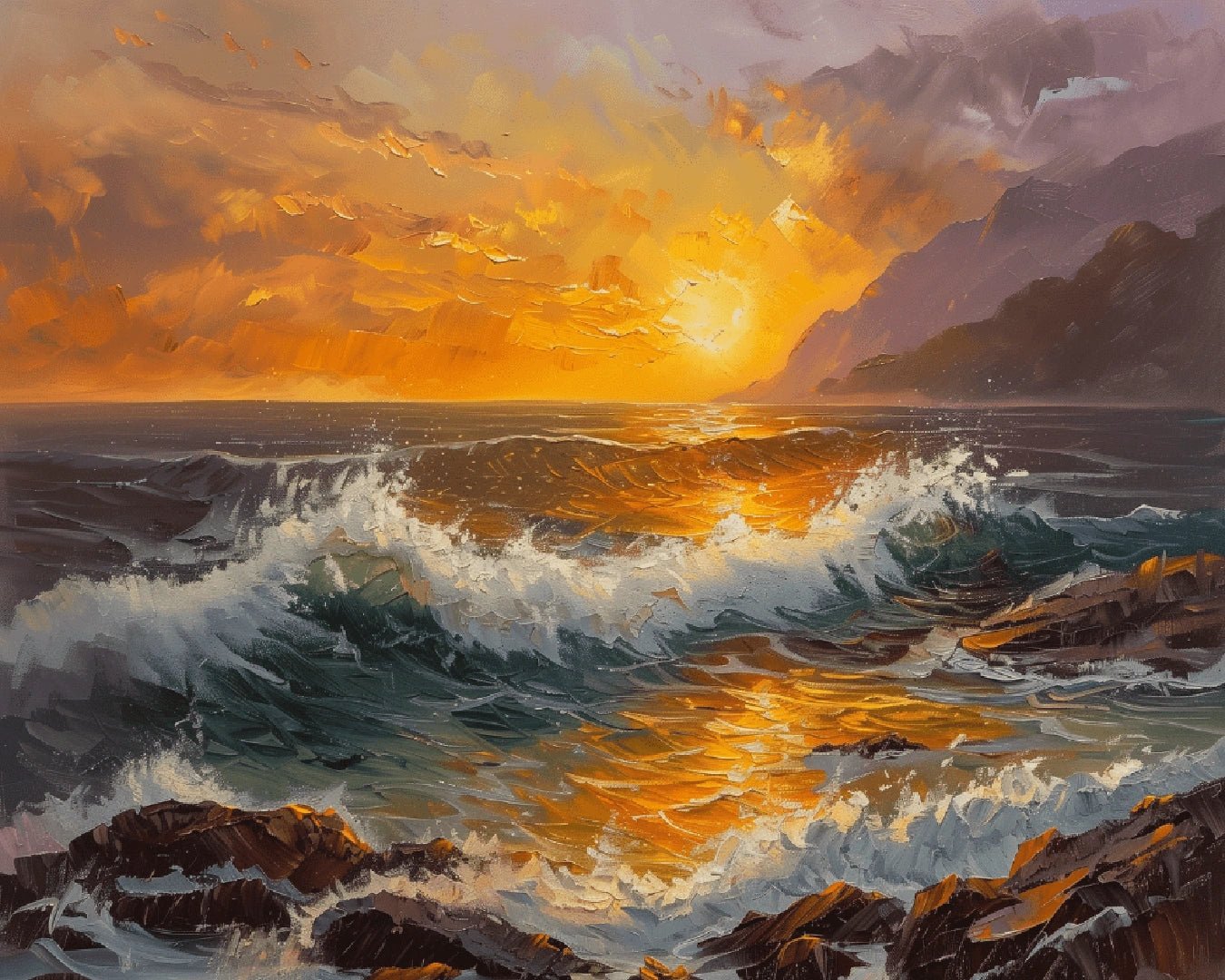 Ocean seascape paint by numbers kit canvas showing rolling waves, glowing sunset horizon, and warm golden highlights