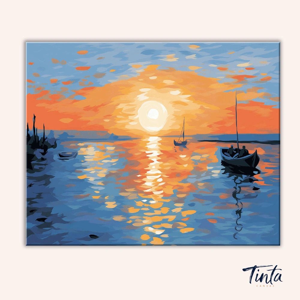 Clean artwork of Golden Tide Stillness paint by numbers kit showing glowing sunset reflection on tranquil ocean waters by Tinta Canvas