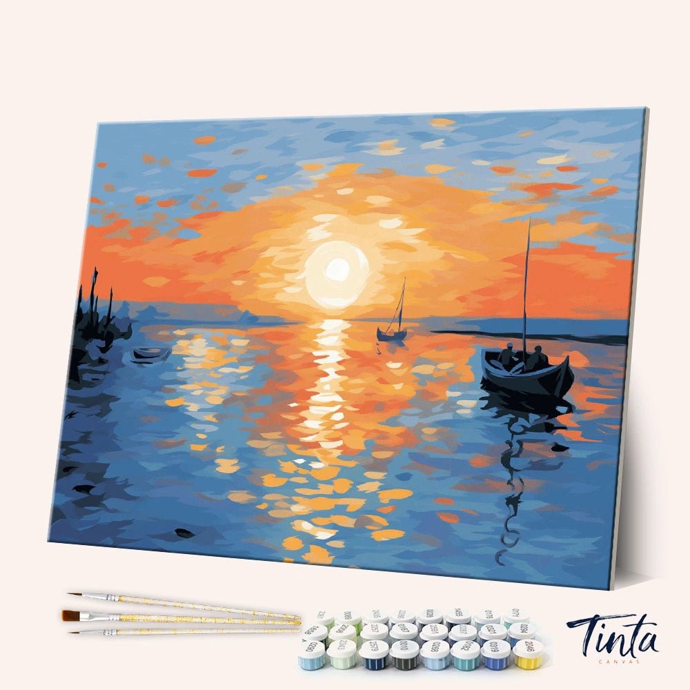 Angled view of Golden Tide Stillness paint by numbers kit featuring sunset over calm sea with sailboats by Tinta Canvas