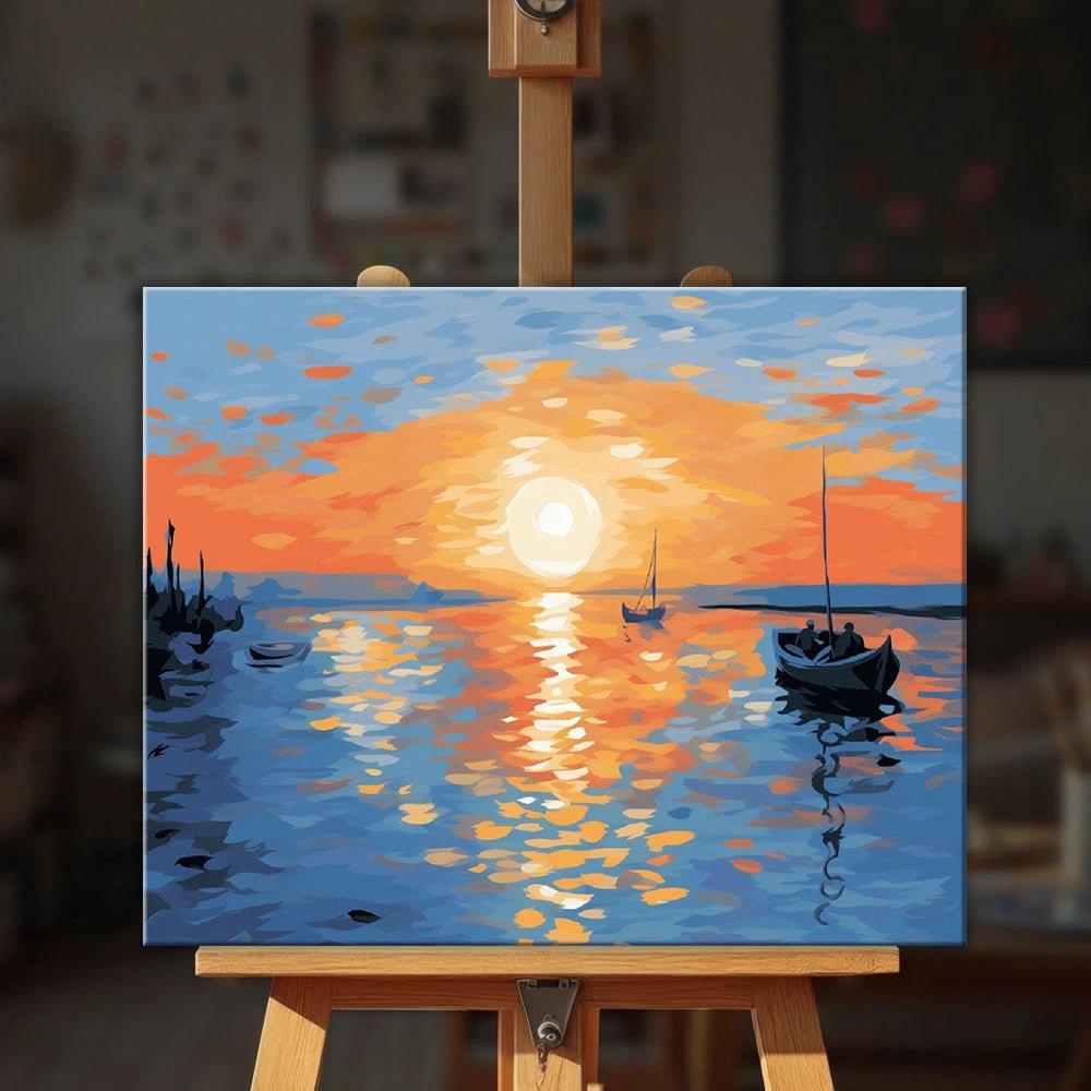 Golden Tide Stillness paint by numbers kit displayed on easel in bright living space with coastal sunset scene by Tinta Canvas