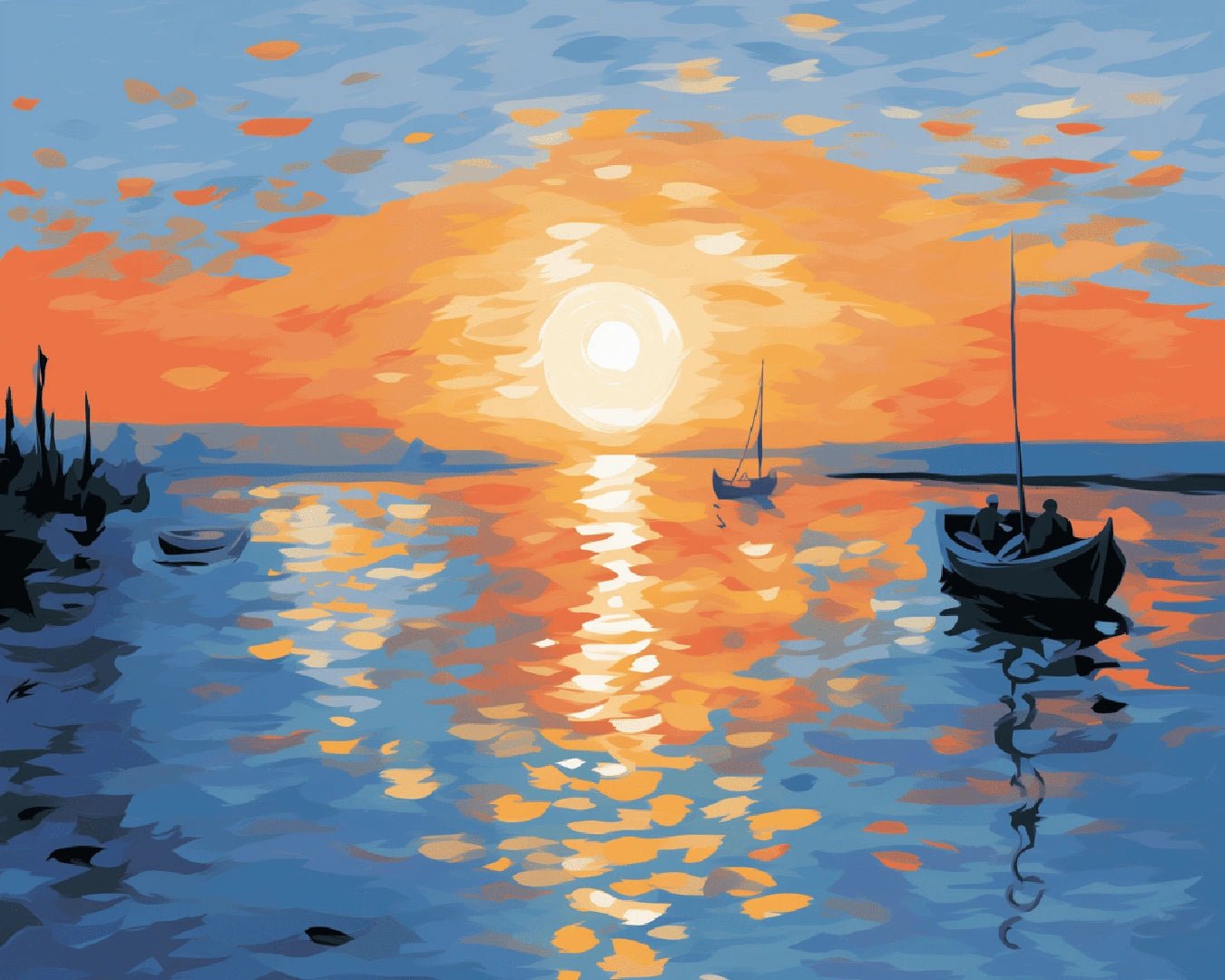 Raw image of Golden Tide Stillness paint by numbers kit highlighting warm orange sky and shimmering sea reflections by Tinta Canvas
