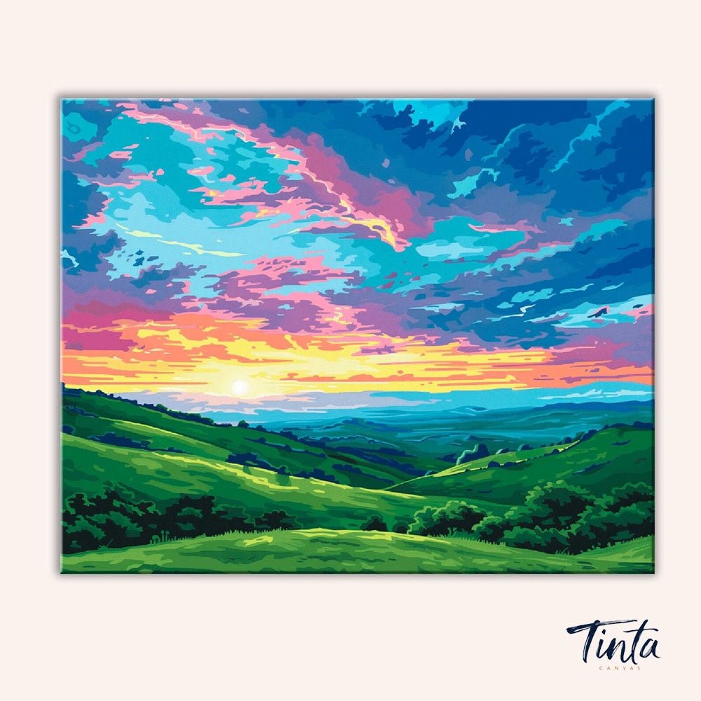 Clean artwork of Golden Valley paint by numbers kit featuring colorful sunset clouds and lush green valley without tools visible by Tinta Canvas