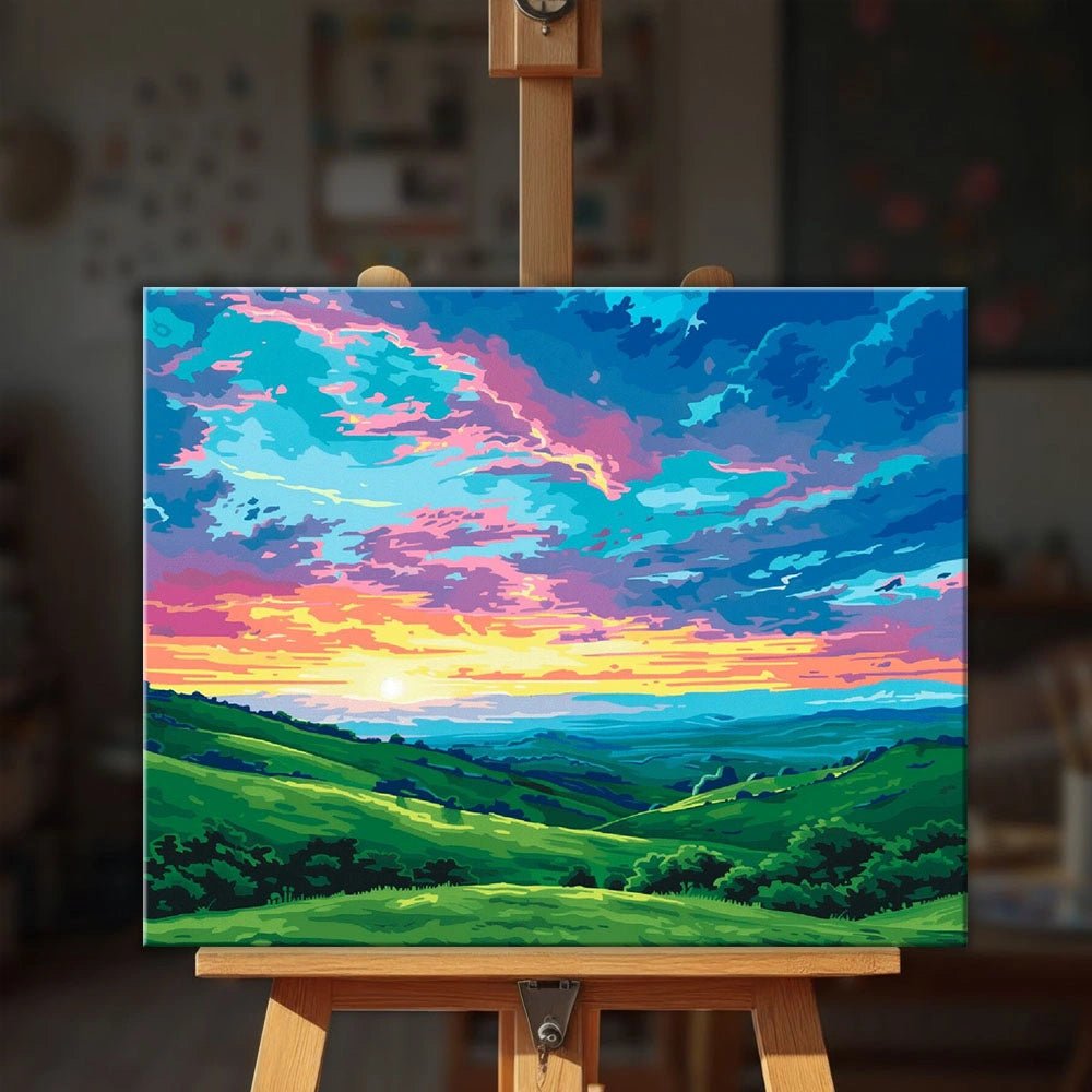 Golden Valley paint by numbers kit displayed on easel in a cozy interior highlighting finished landscape with warm sunset tones by Tinta Canvas