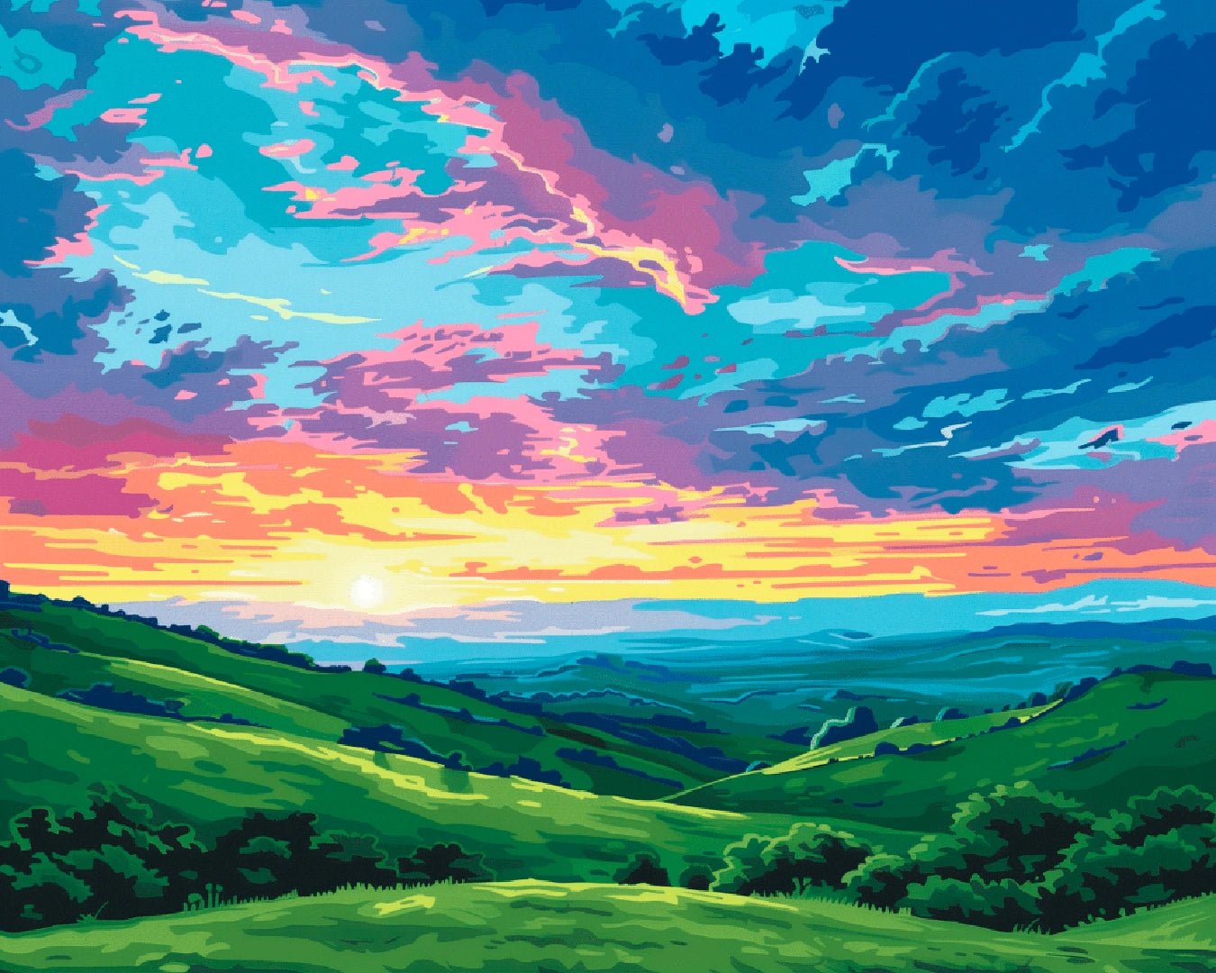 Original Golden Valley paint by numbers kit landscape showing dramatic sky, rolling hills, and distant horizon in full composition by Tinta Canvas