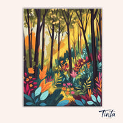 Full artwork of Golden Woodland Glow paint by numbers kit featuring warm forest light and vibrant plants by Tinta Canvas