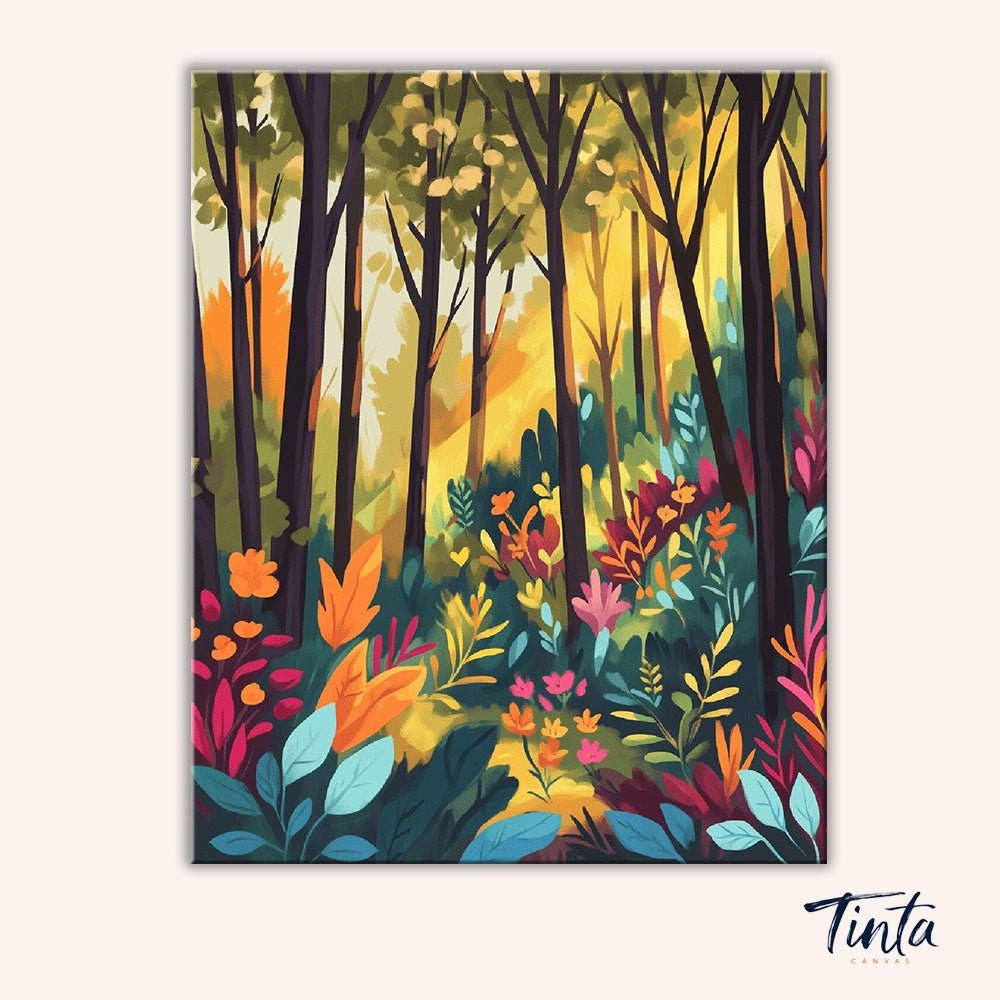 Full artwork of Golden Woodland Glow paint by numbers kit featuring warm forest light and vibrant plants by Tinta Canvas