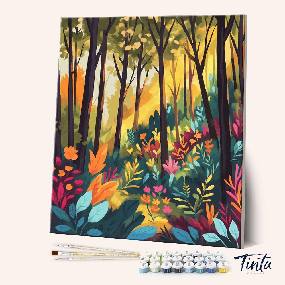 Angled canvas view of Golden Woodland Glow paint by numbers kit with sunlit forest and colorful foliage by Tinta Canvas