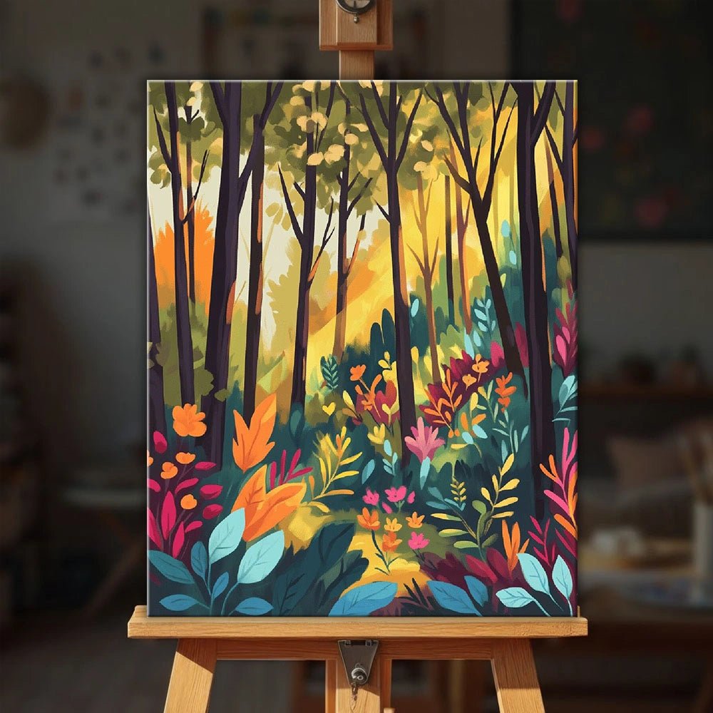 Golden Woodland Glow paint by numbers kit displayed on an easel in a cozy indoor setting by Tinta Canvas