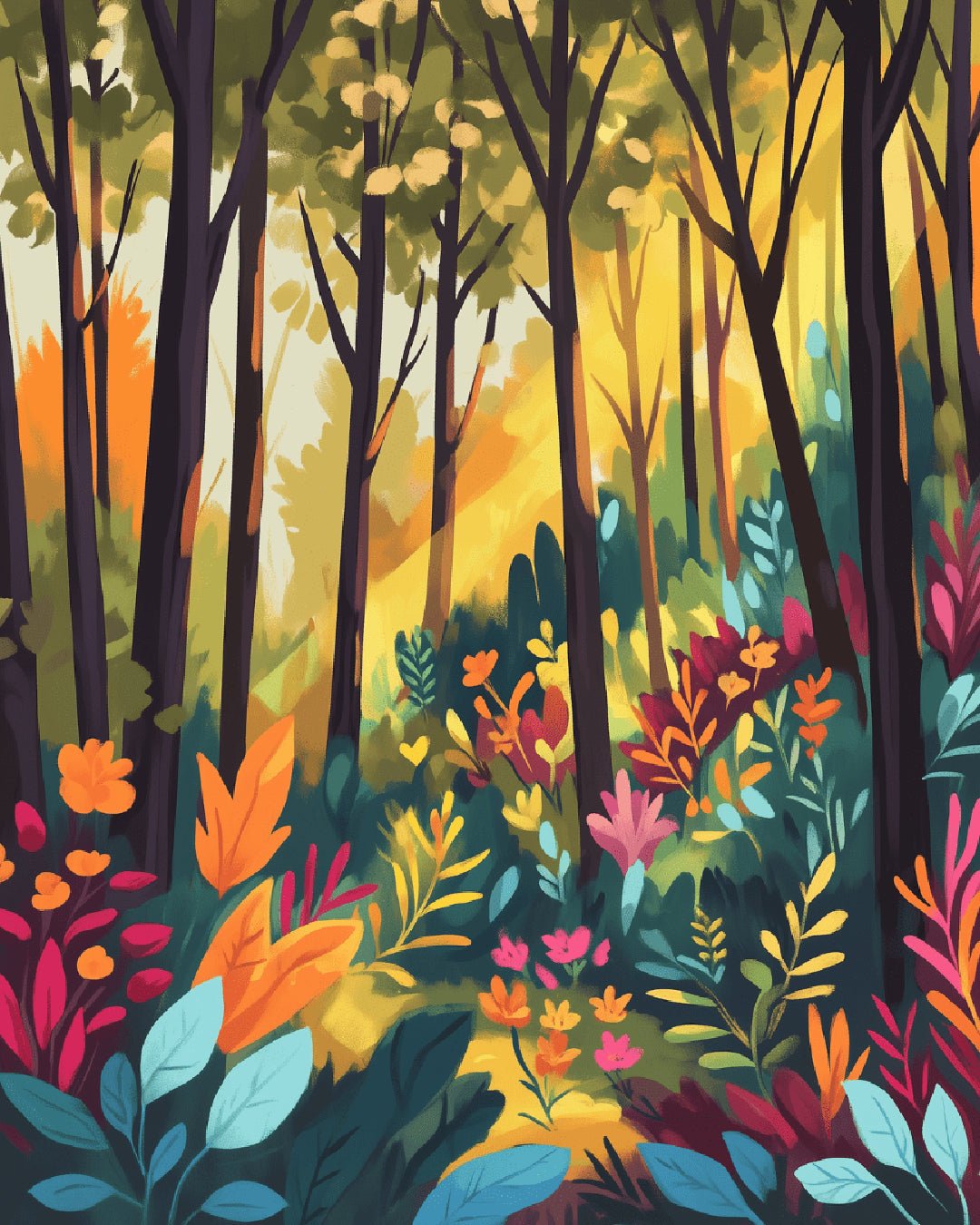 Golden Woodland Glow paint by numbers kit featuring a sunlit forest with colorful plants and warm light