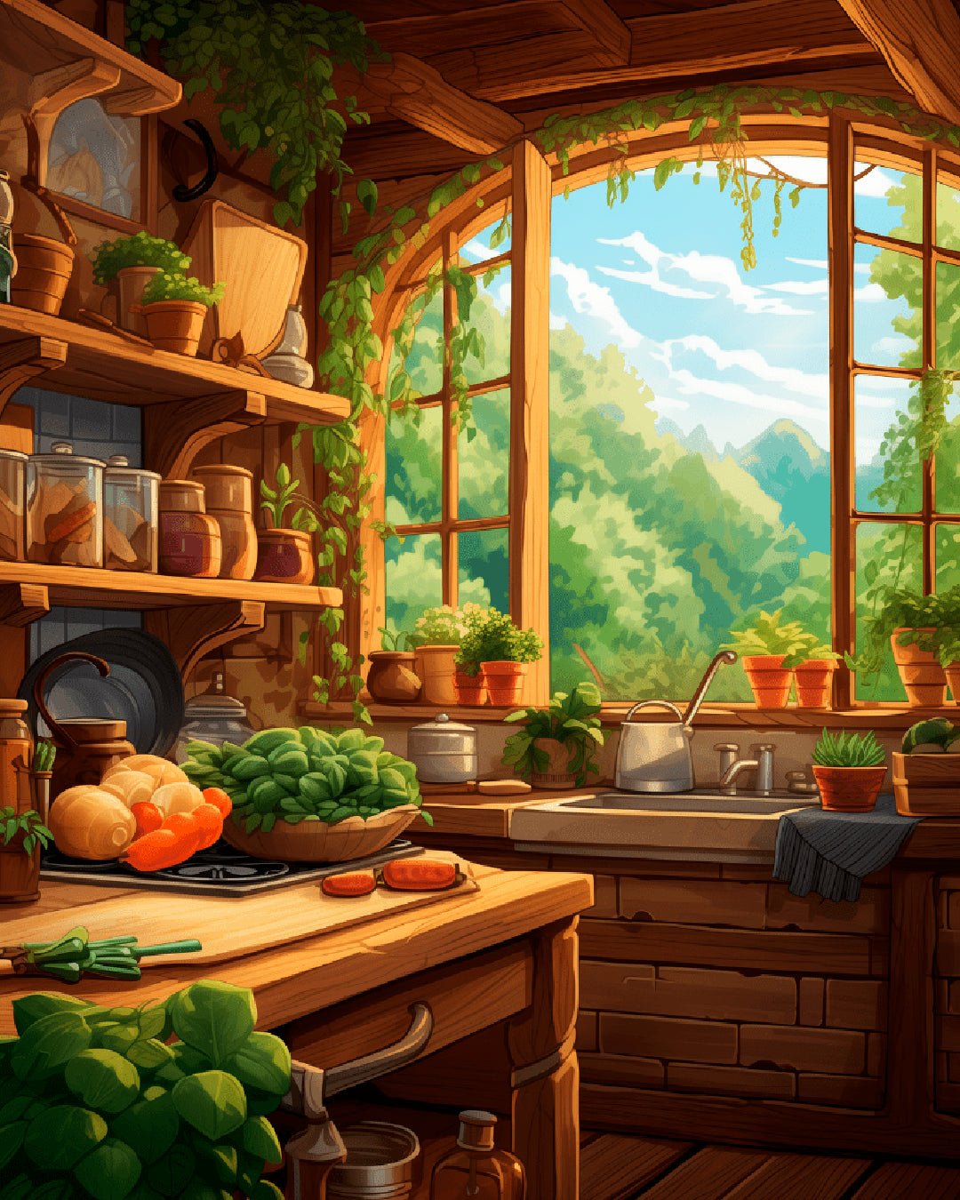 Green Hearth paint by numbers kit featuring a warm kitchen interior with herbs, wooden shelves, and a scenic window view