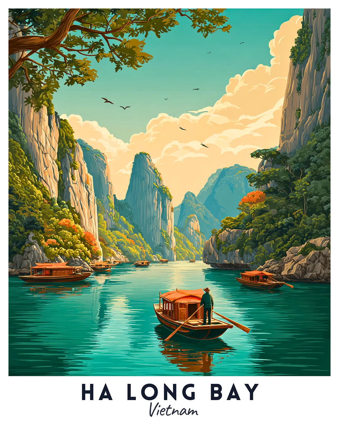 Ha Long Bay Vietnam Travel Poster Paint by Numbers Kit showing limestone karst islands, calm lagoon water, and wooden boats surrounded by lush greenery