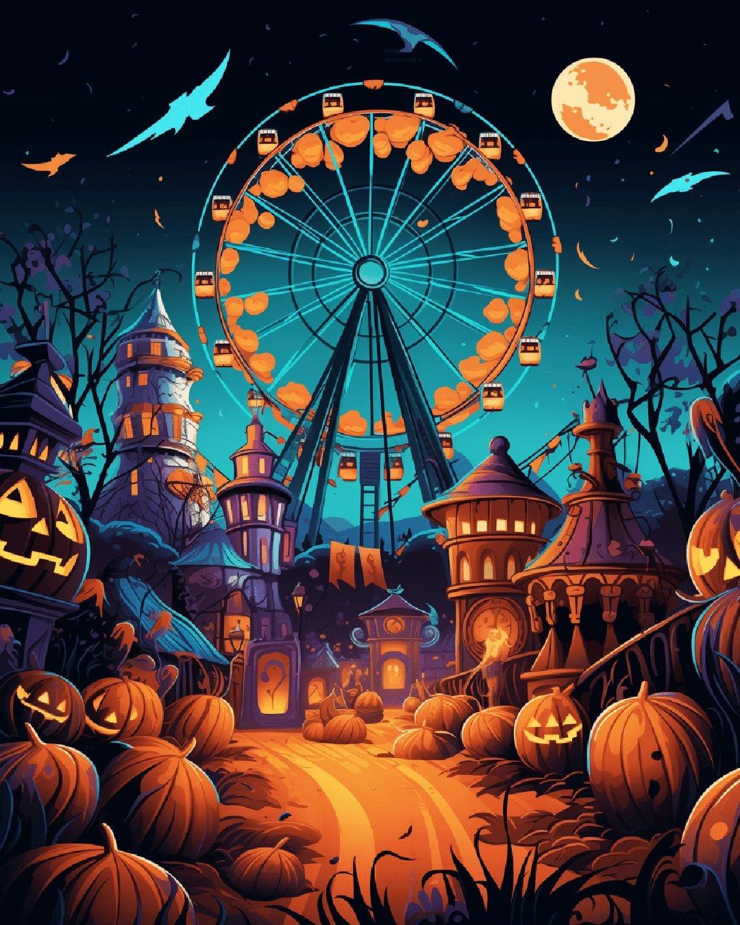 Spooky paint by numbers kit canvas painting showing a Halloween carnival with glowing pumpkins and moonlight