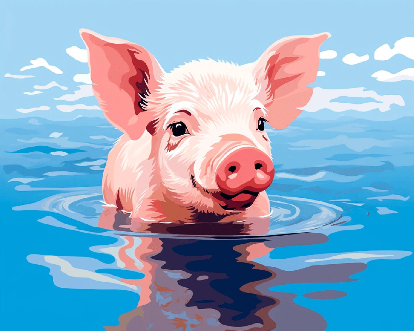 Cute animal paint by numbers kit canvas painting featuring a smiling pig in water