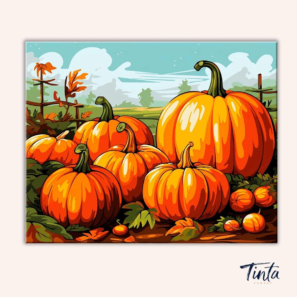Clean artwork of Harvest Pumpkins paint by numbers kit featuring vibrant pumpkins, leaves, and fall scenery without tools visible by Tinta Canvas