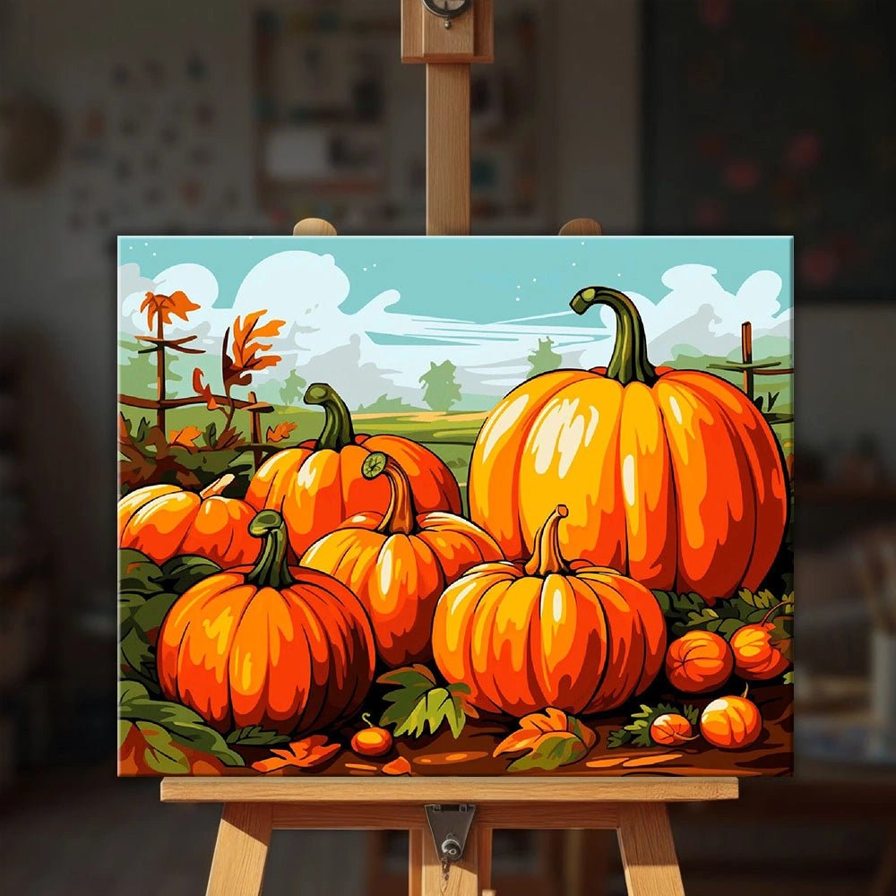 Harvest Pumpkins paint by numbers kit displayed on easel in cozy home setting highlighting seasonal autumn decor and pumpkin artwork by Tinta Canvas