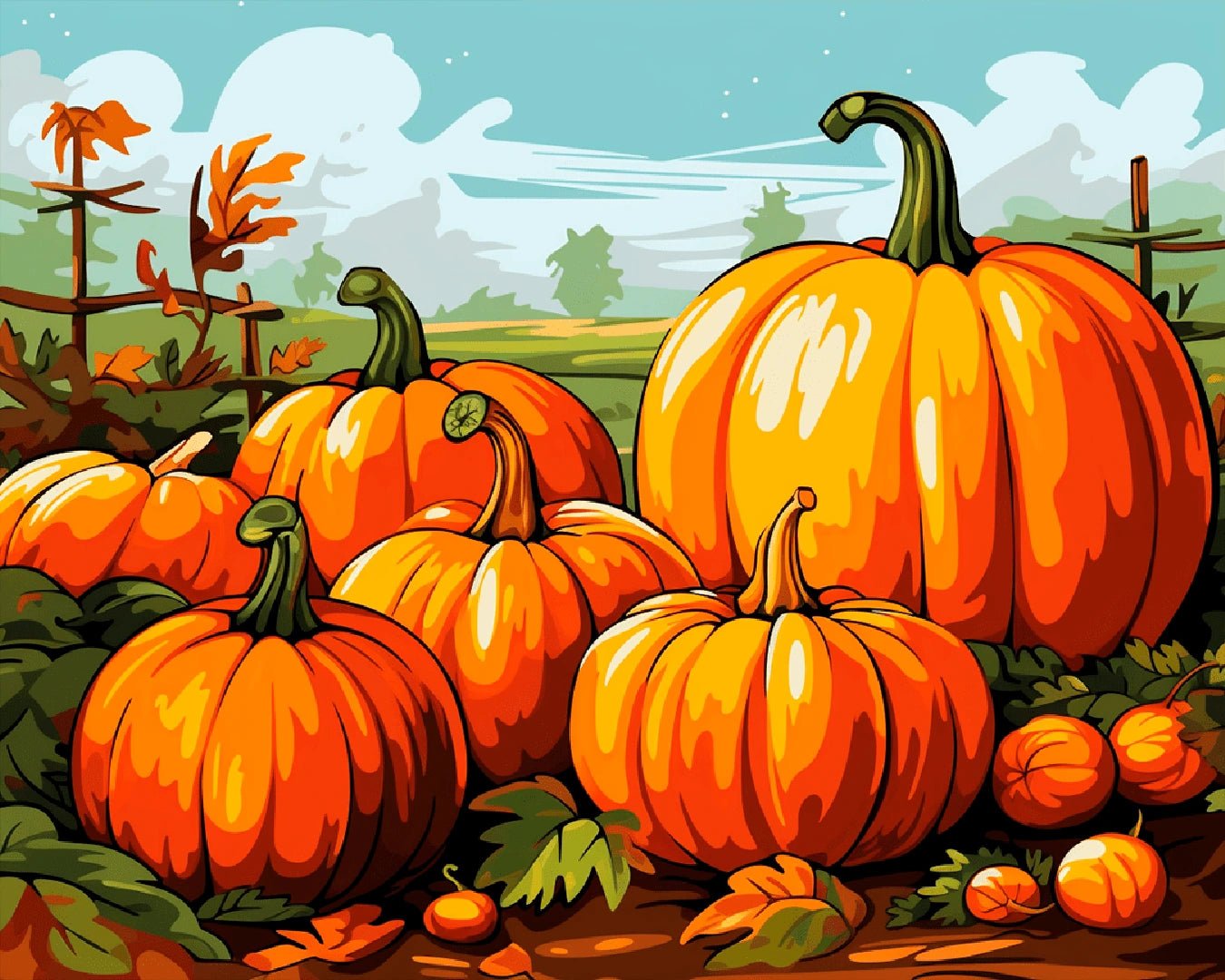 Original Harvest Pumpkins paint by numbers kit artwork showing clustered pumpkins, foliage, and farm landscape in full composition by Tinta Canvas