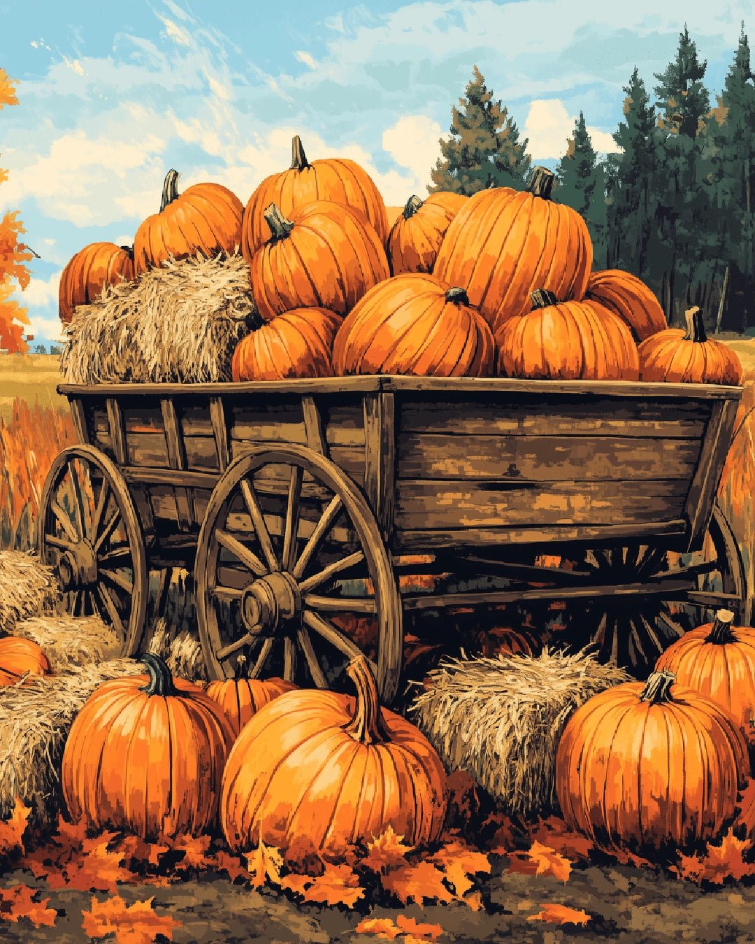 Canvas harvest wagon paint by numbers kit for adults featuring warm autumn pumpkins and rustic farm tones by Tinta Canvas