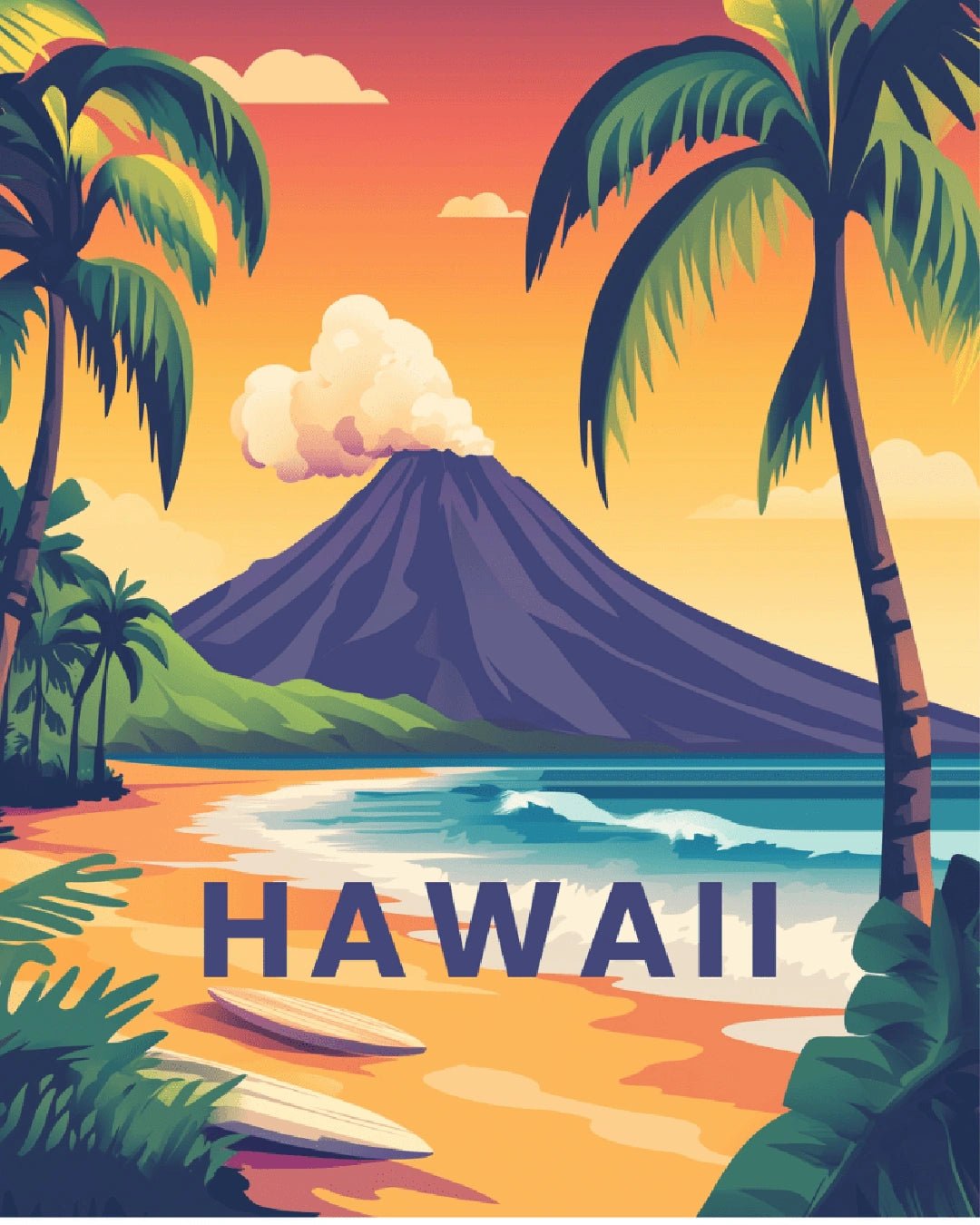 Hawaii paint by numbers kit canvas showing a tropical beach, palm trees, sunset sky, ocean shoreline, and distant volcano
