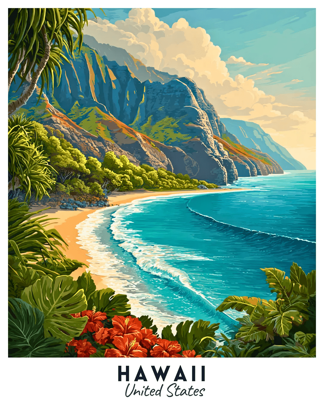 Hawaii Travel Poster Paint by Numbers Kit featuring a scenic island coastline with sandy beach, clear blue water, tropical plants, and volcanic cliffs