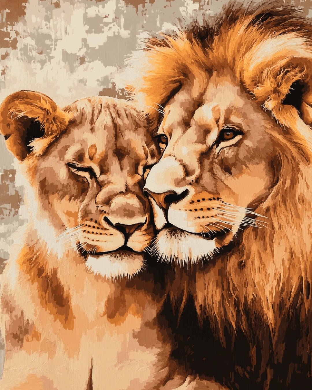 Cute lion couple paint by numbers canvas in warm natural tones