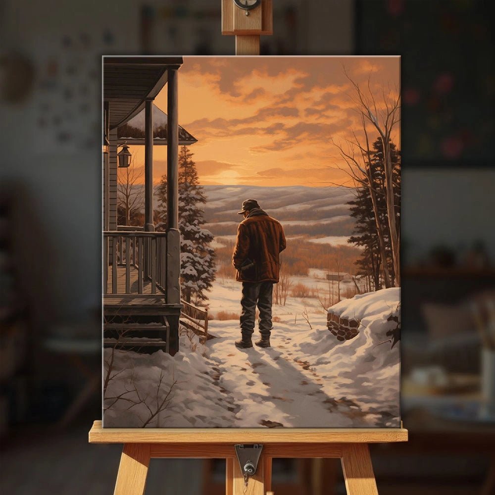 Hearthside Horizon paint by numbers kit displayed on an easel showing finished snowy cabin landscape painting by Tinta Canvas