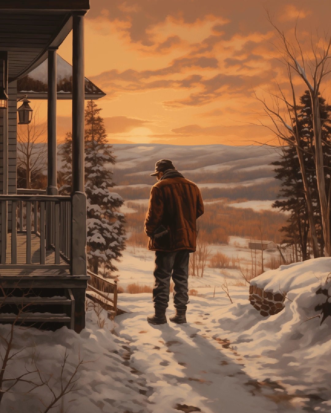 Hearthside Horizon paint by numbers kit raw image showing peaceful winter path leading to a cabin under a warm sunset sky by Tinta Canvas
