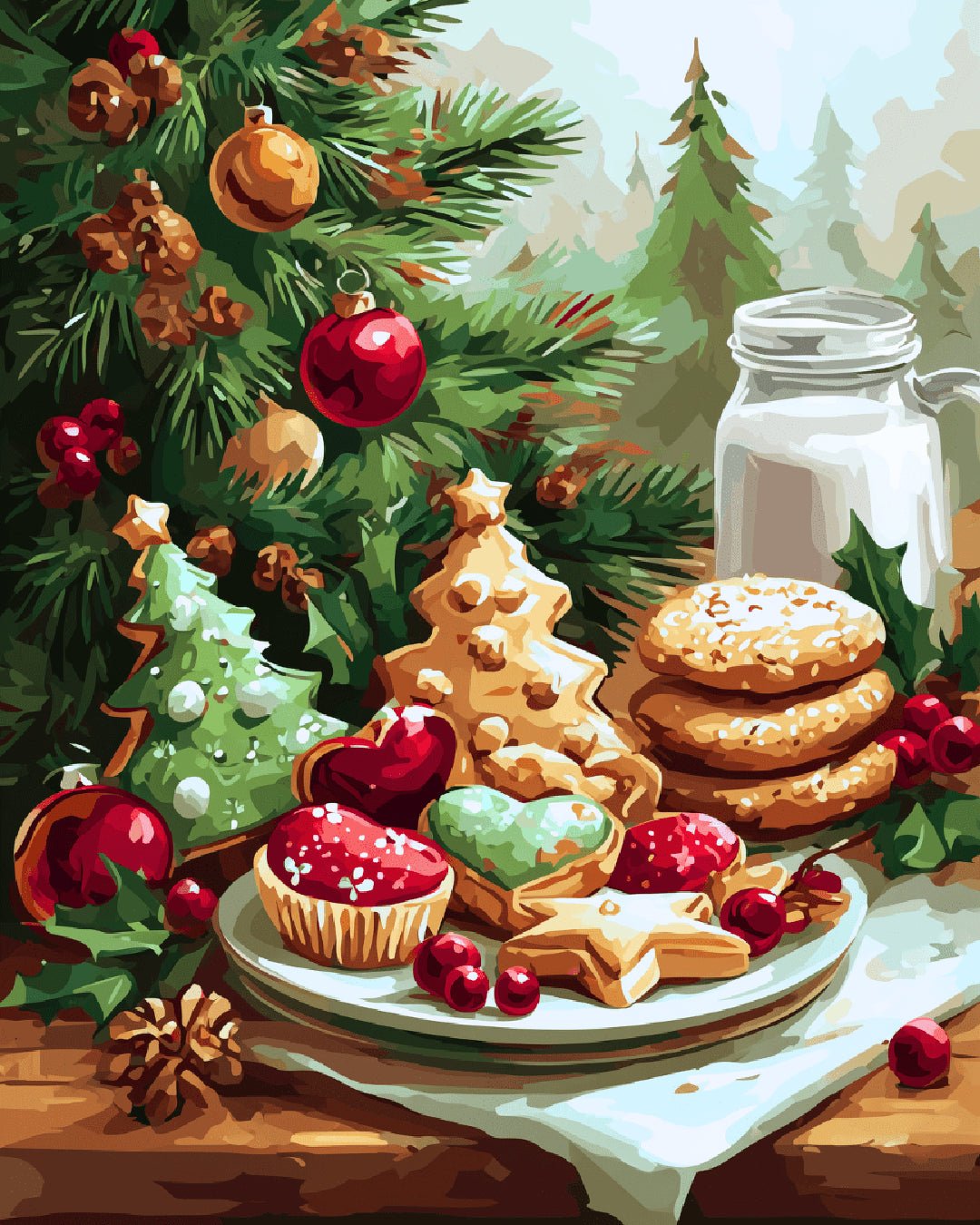 Hearthside Treats paint by numbers kit featuring festive Christmas cookies, pine branches, and cozy holiday décor
