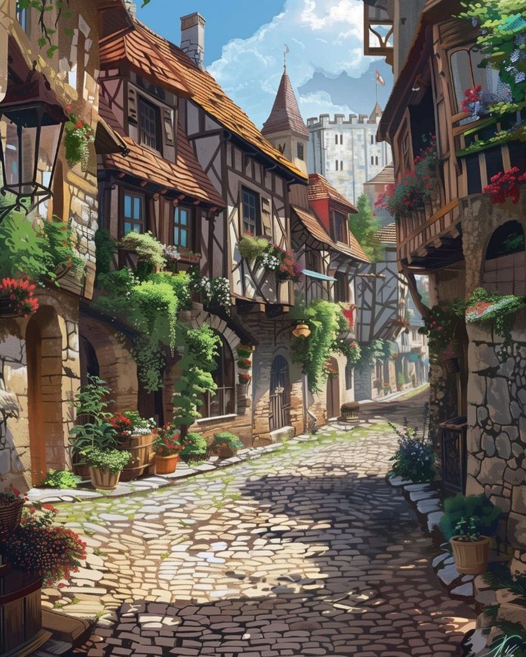 Hearthstone Alley paint by numbers kit showing a cozy medieval cobblestone village street