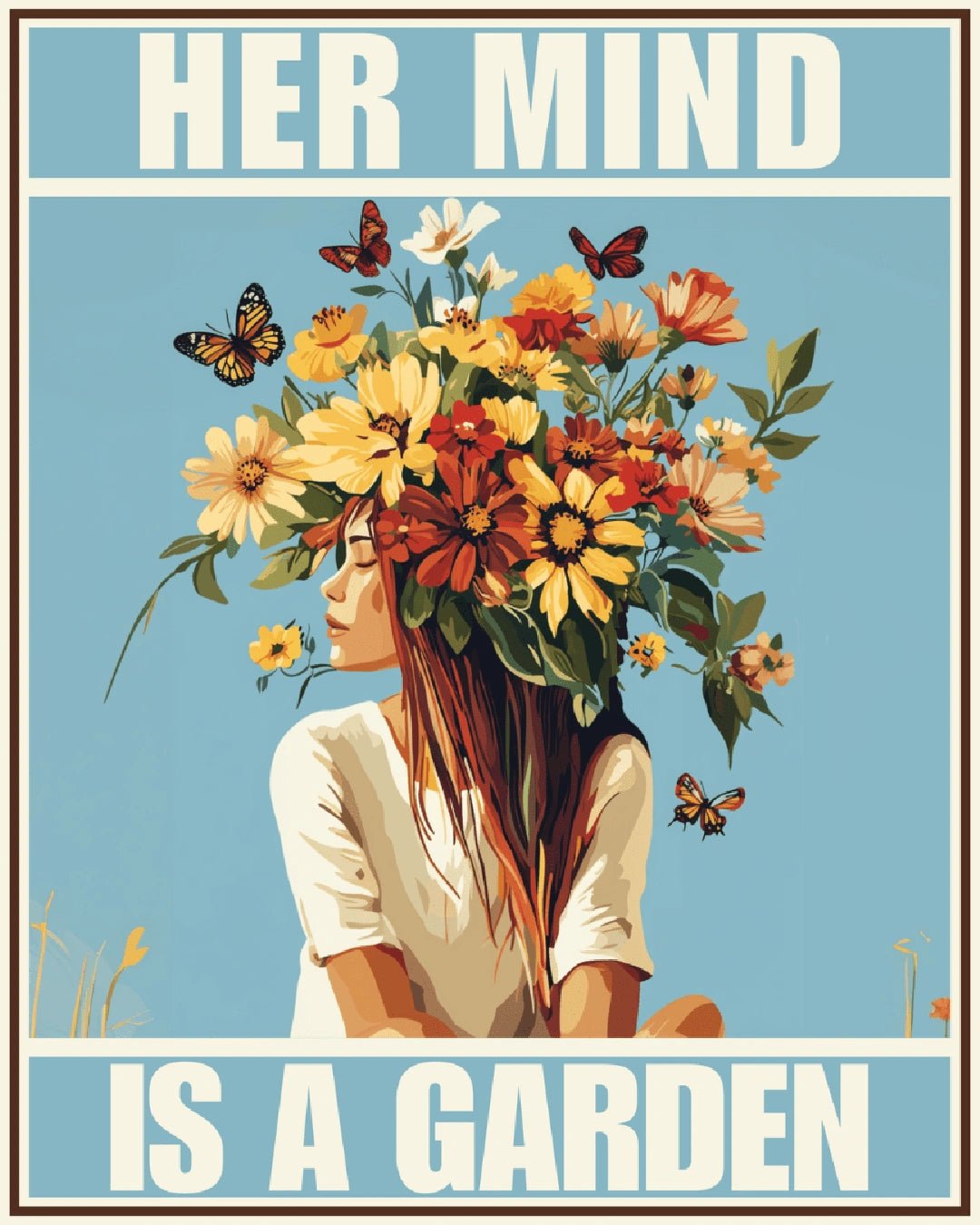 Paint by numbers kit canvas showing a floral portrait with the quote her mind is a garden and butterflies