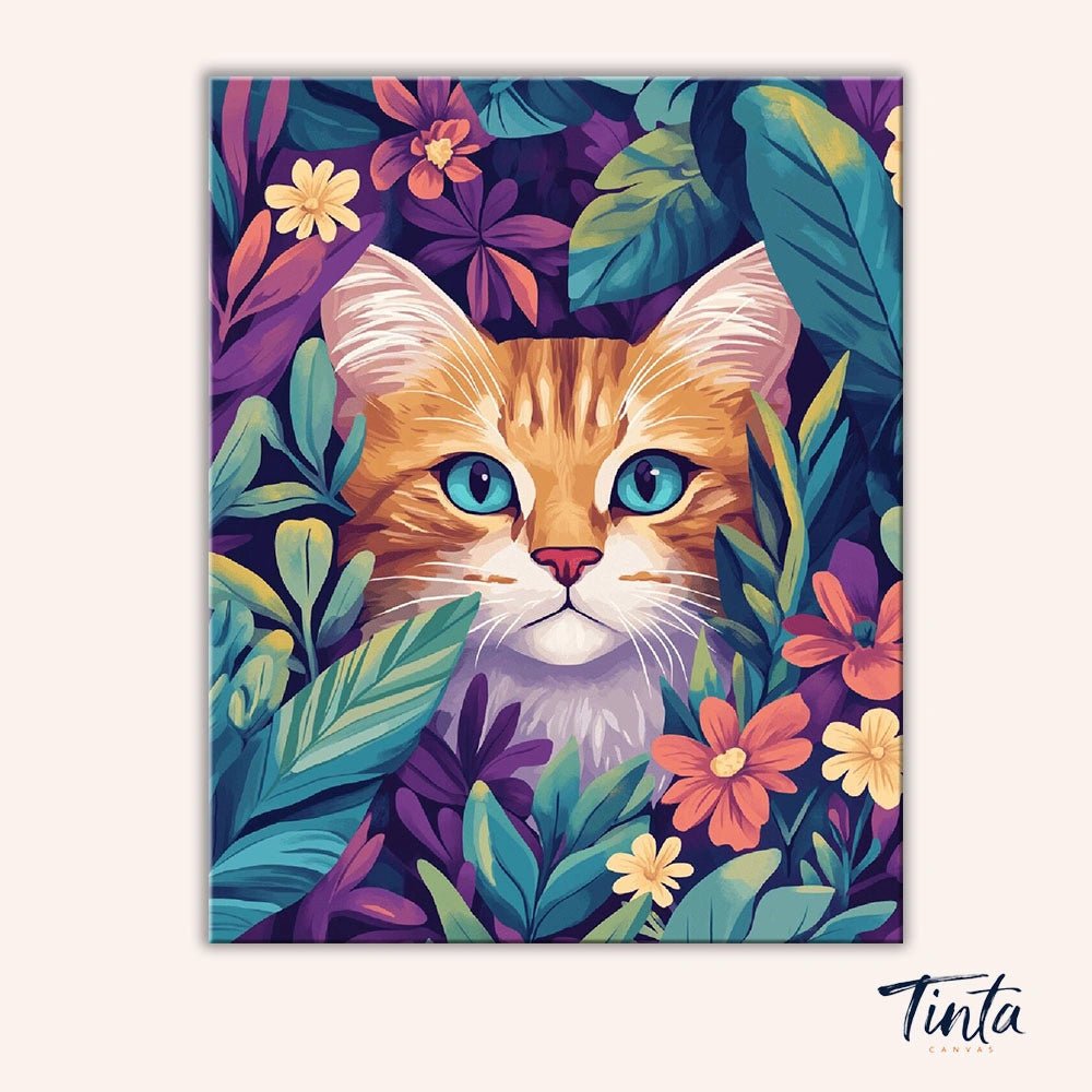 Clean artwork of Hidden Kitty paint by numbers kit showing vibrant cat portrait surrounded by flowers by Tinta Canvas
