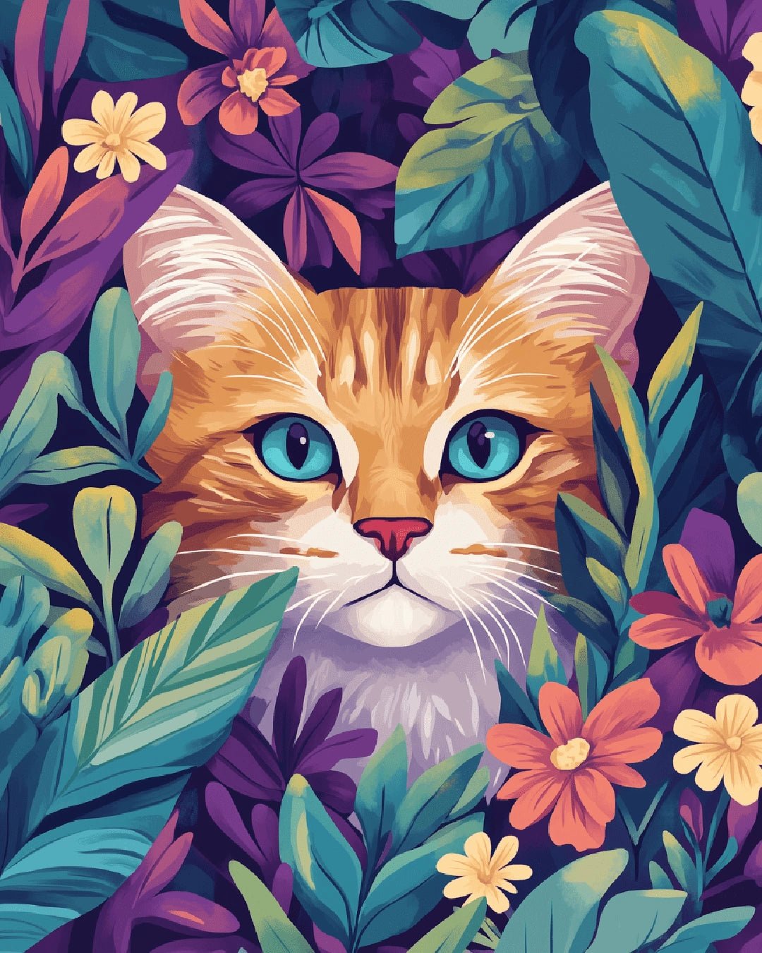 Paint by numbers kit canvas showing a cat peeking through colorful flowers and layered foliage