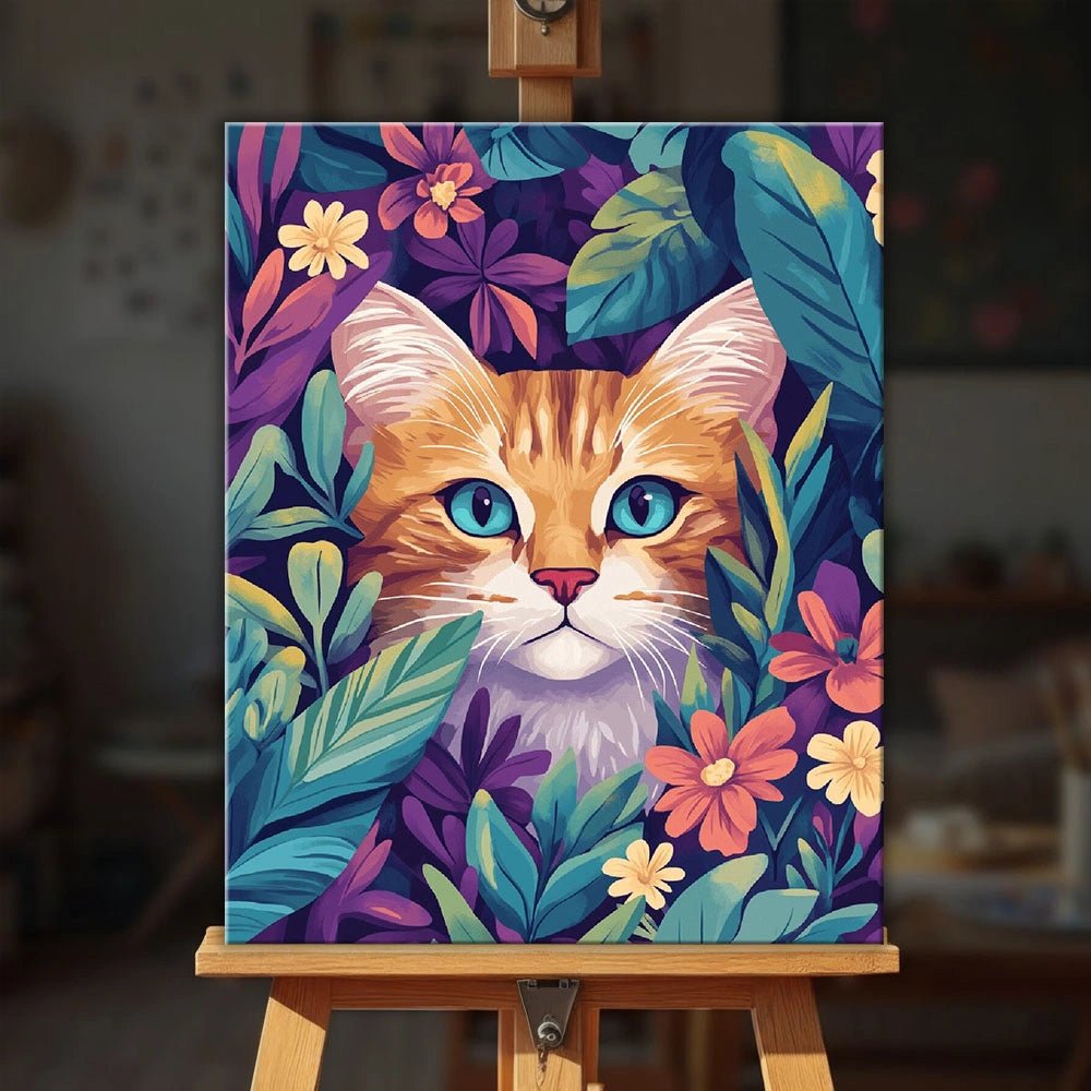 Hidden Kitty paint by numbers kit displayed on easel in cozy room setting with colorful design by Tinta Canvas