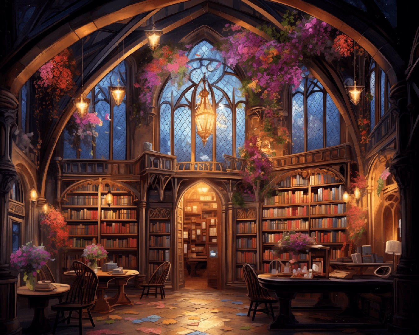 Paint by numbers canvas featuring a fantasy library with books, arches, and lantern light