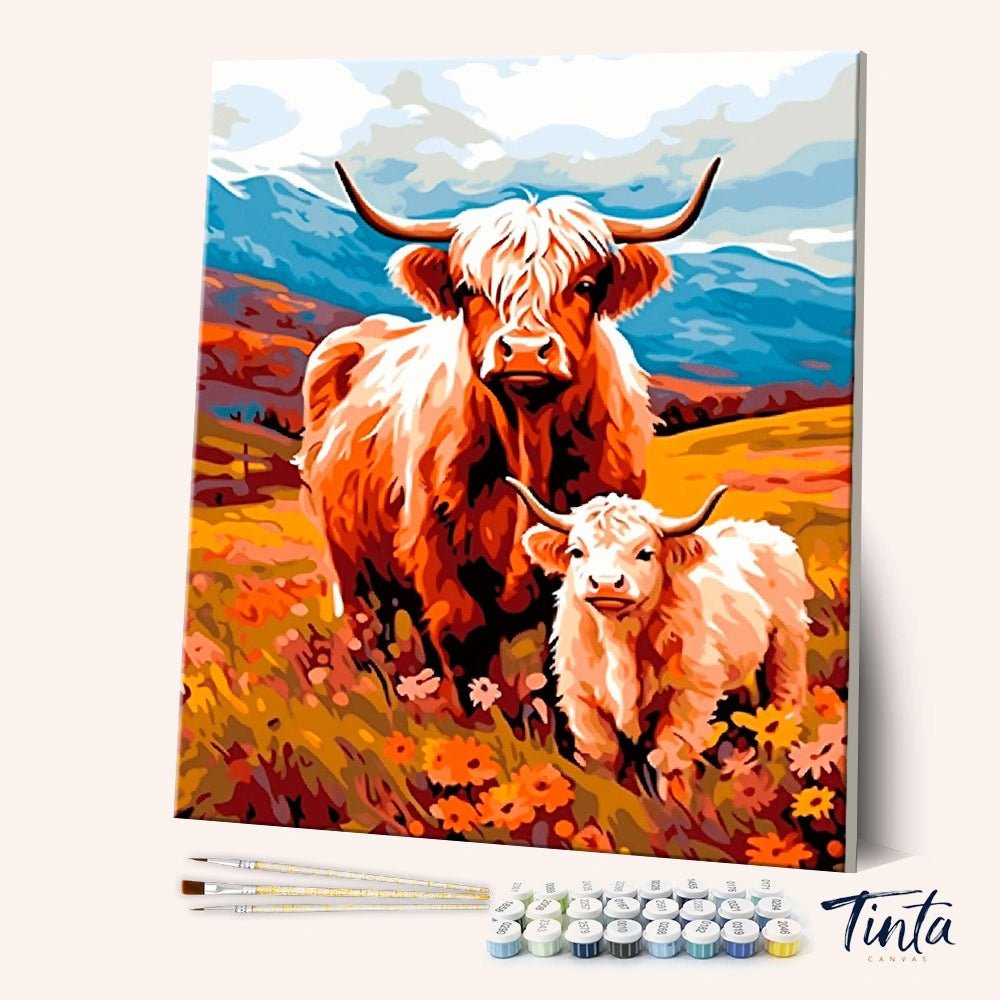 Angled view of Highland Duo paint by numbers kit featuring highland cow and calf in autumn field by Tinta Canvas