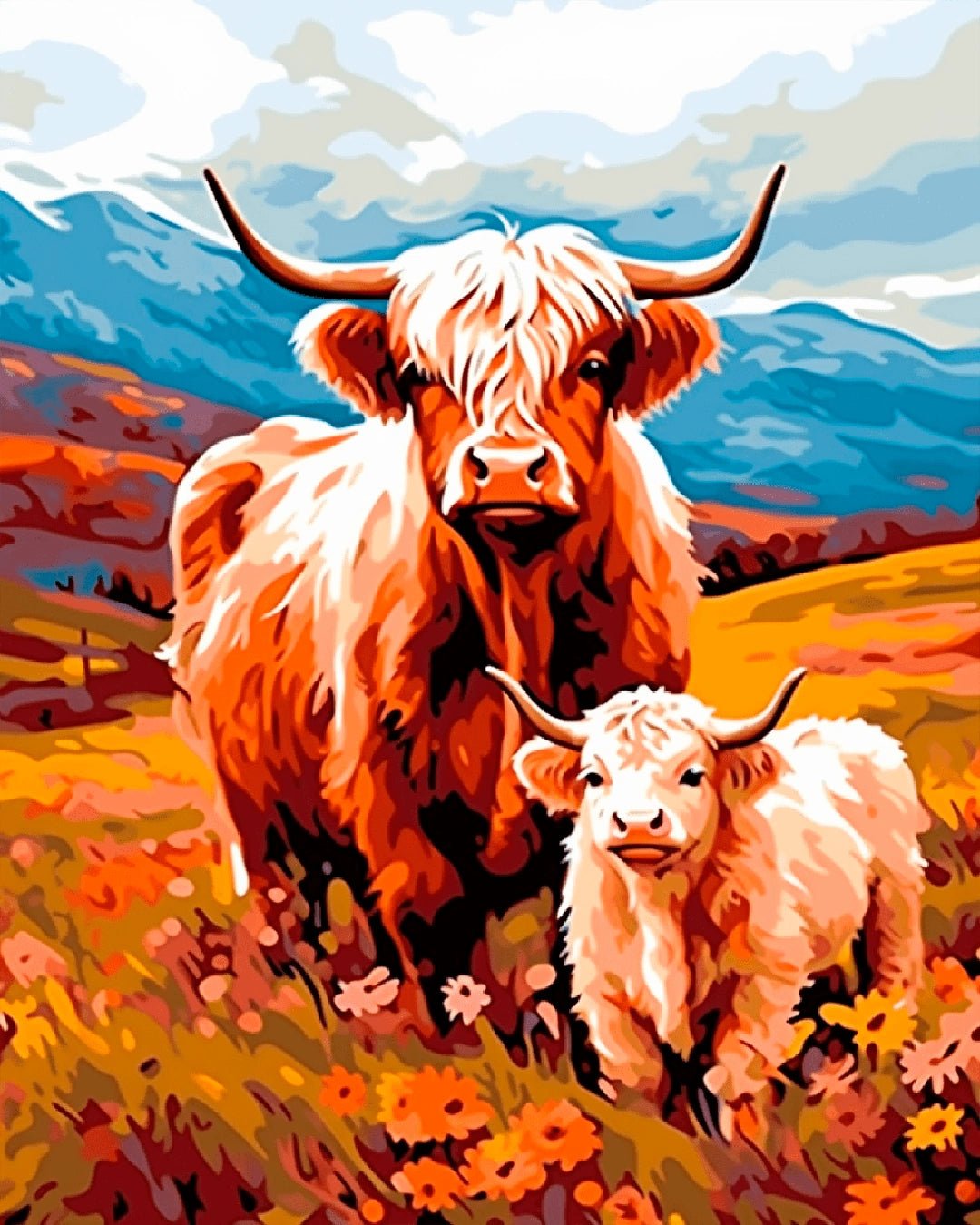 Paint by numbers kit canvas showing a Highland cow and calf in a colorful countryside field with flowers and distant hills